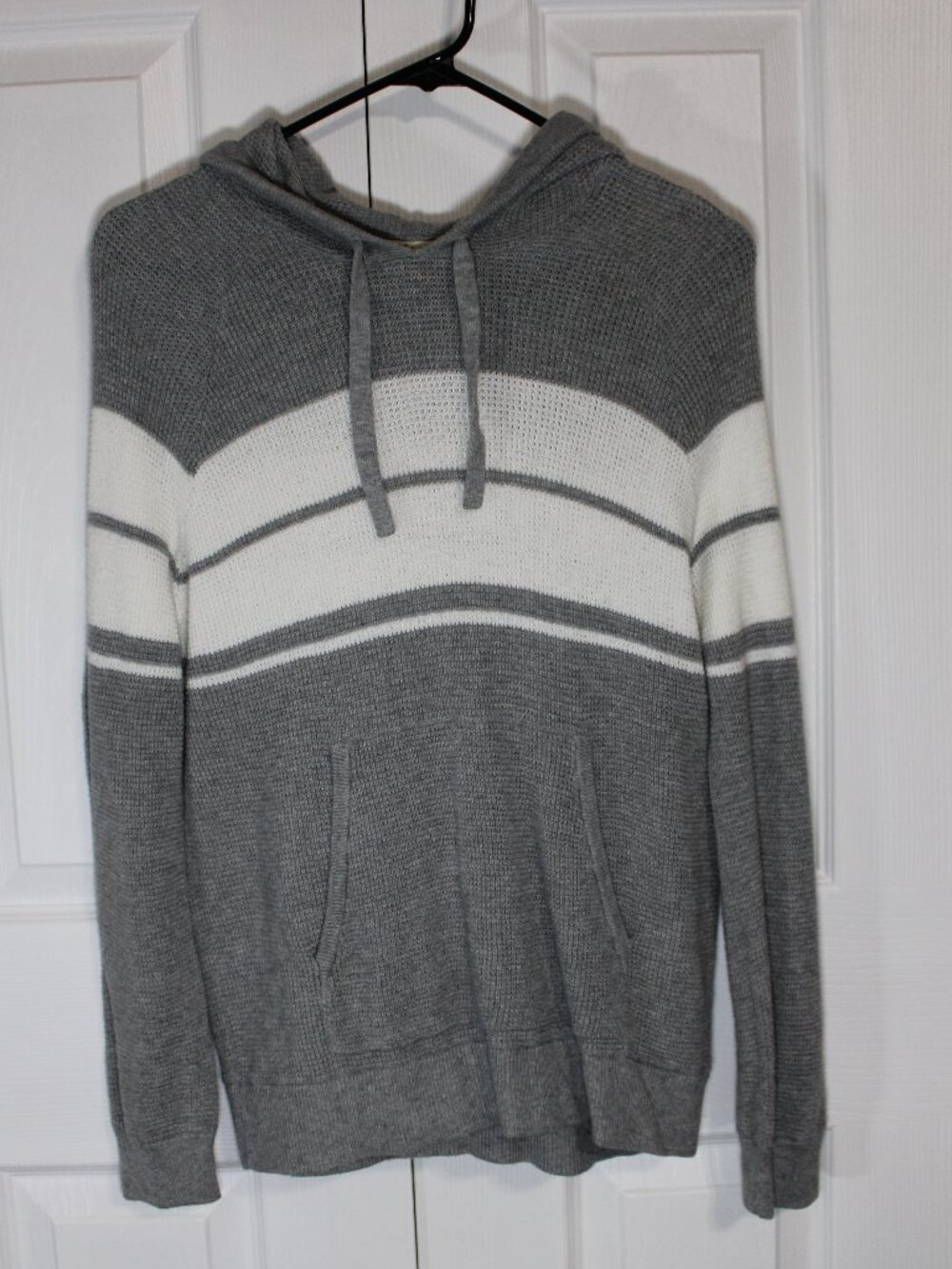 Fahery Grey and White Striped Knit Pullover Hoodie Sweater